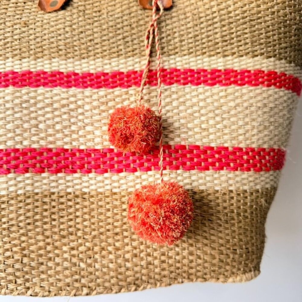 Mar Y Sol Caracas Tote Straw Raffia Pom Pom Beach Tote - Beige/Red - Picture 5 of 11